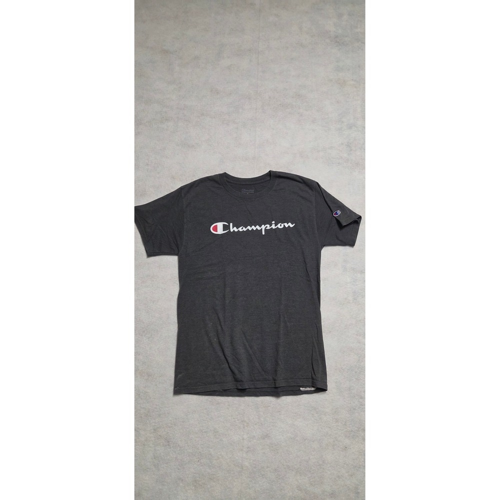 Champion Graphic T-Shirt Size M Gray Short Sleeve Script Logo Tee